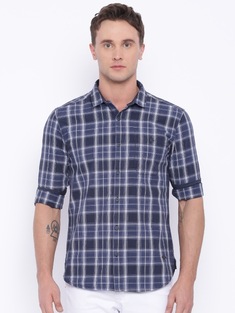 

Voi Jeans Men Navy & White Slim Fit Checked Casual Shirt, Navy blue