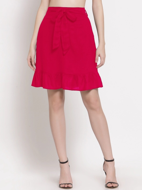

PATRORNA Women Fuchsia Solid Frilled Hem Straight Skirt