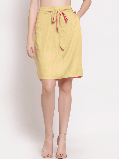 

PATRORNA Women Gold-Coloured Solid Knee Length Straight Skirts