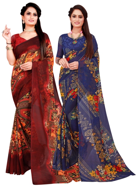 

KALINI Pack Of 2 Navy Blue & Brown Pure Georgette Saree