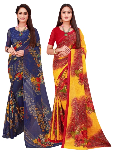 

KALINI Pack of 2 Navy Blue & Maroon Floral Printed Pure Georgette Saree