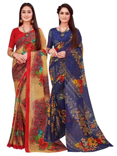 

KALINI Navy Blue & Beige Set Of 2 Floral Pure Georgette Saree