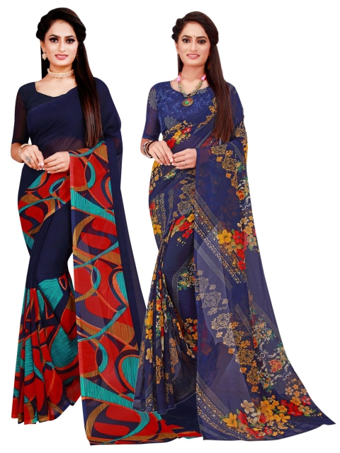 

KALINI Pack of 2 Navy Blue & Red Floral Pure Georgette Sarees