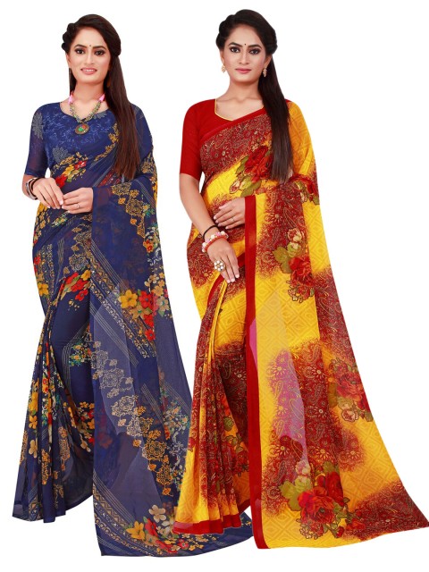 

KALINI Maroon & Navy Blue Set Of 2 Floral Pure Georgette Saree