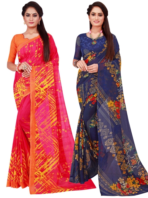 

KALINI Navy Blue & Pink Floral Printed Pure Georgette Saree Pack Of 2