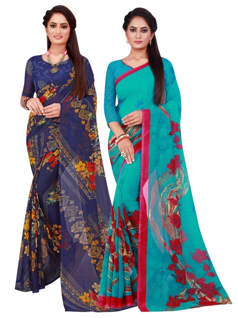 

KALINI Set Of 2 Navy Blue & Blue Floral Pure Georgette Saree