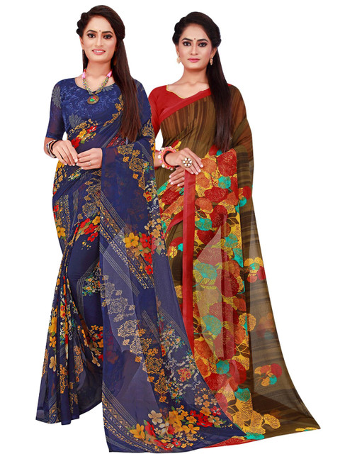 

KALINI Pack of 2 Navy Blue & Brown Floral Pure Georgette Sarees