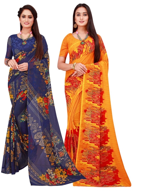 

KALINI Set Of 2 Orange & Navy Blue Floral Pure Georgette Saree