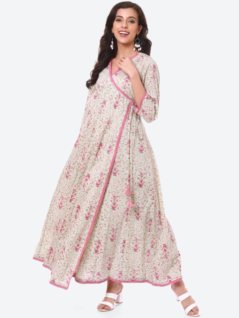 

Meena Bazaar Women Green & Pink Ajrak Printed Angrakha Pure Cotton Kurta with Palazzos