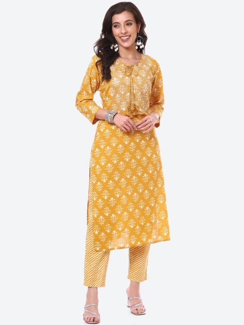 

Meena Bazaar Women Mustard Yellow Floral Printed Pure Cotton Kurta with Trousers