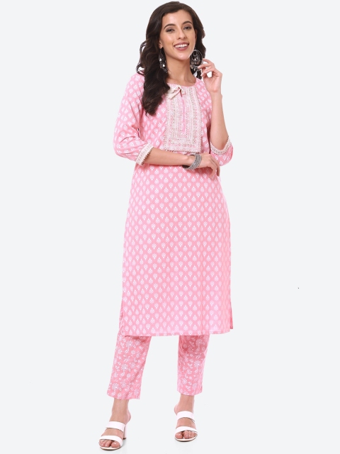 

Meena Bazaar Women Pink Ethnic Motifs Printed Gotta Patti Pure Cotton Kurti with Trousers