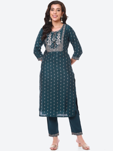 

Meena Bazaar Women Teal Ethnic Motifs Printed Pure Cotton Kurti with Trousers