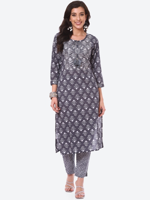 

Meena Bazaar Women Grey Floral Printed Thread Work Pure Cotton Kurta with Trousers