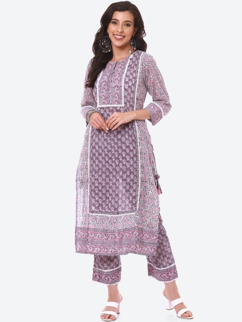 

Meena Bazaar Women Purple Ethnic Motifs Printed Pure Cotton Kurti with Trousers