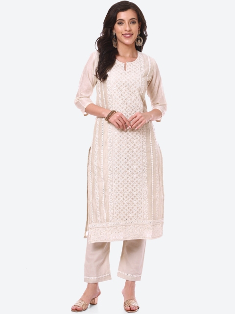 

Meena Bazaar Women Beige Embroidered Mirror Work Pure Cotton Kurta with Trousers