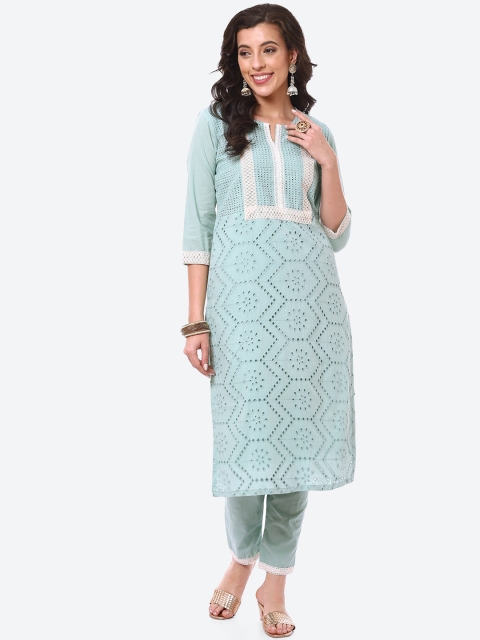

Meena Bazaar Women Green Panelled Thread Work Pure Cotton Kurta with Trousers