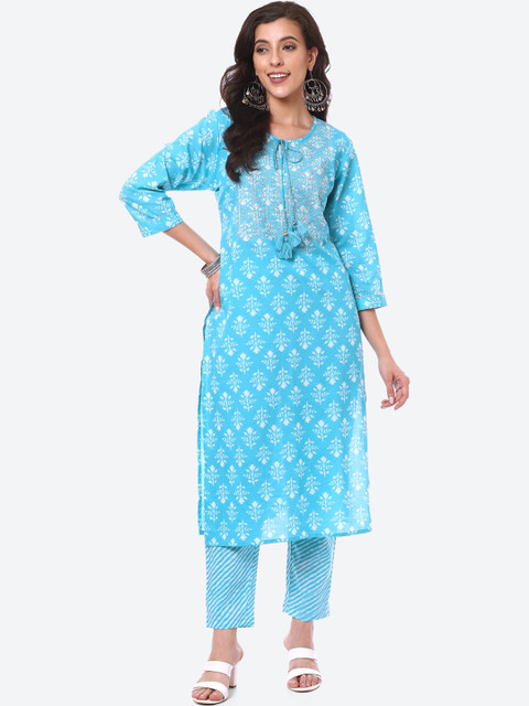 

Meena Bazaar Women Blue Floral Printed Pure Cotton Kurti with Trousers