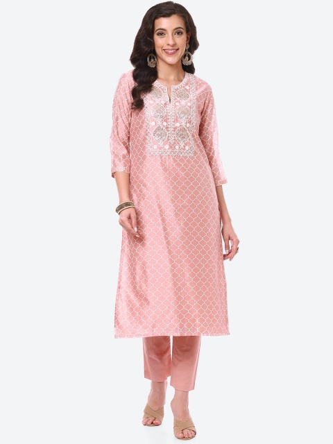 

Meena Bazaar Women Peach-Coloured & White Printed Kurta with Trousers