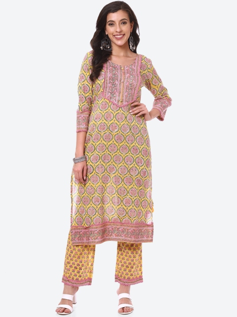 

Meena Bazaar Women Yellow Ethnic Motifs Printed Panelled Pure Cotton Kurta with Trousers & With Dupatta