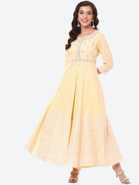 

Meena Bazaar Women Yellow Ethnic Motifs Printed Mirror Work Pure Cotton Kurti with Trousers