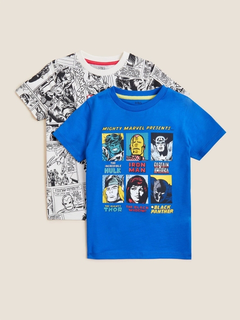 

Marks & Spencer Boys Set Of 2 Blue & White Printed Pure Cotton T-shirt
