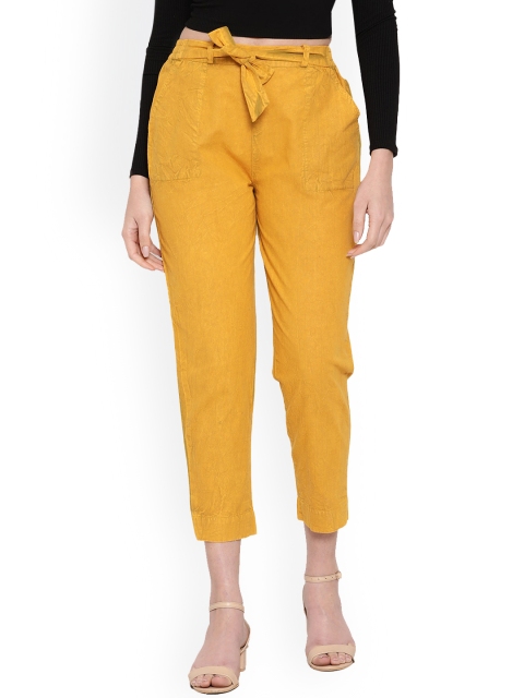 

Aawari Women Mustard Yellow Relaxed Cotton High-Rise Trousers