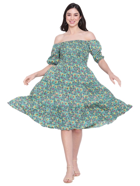 

Aawari Green & Yellow Floral Off-Shoulder A-Line Dress