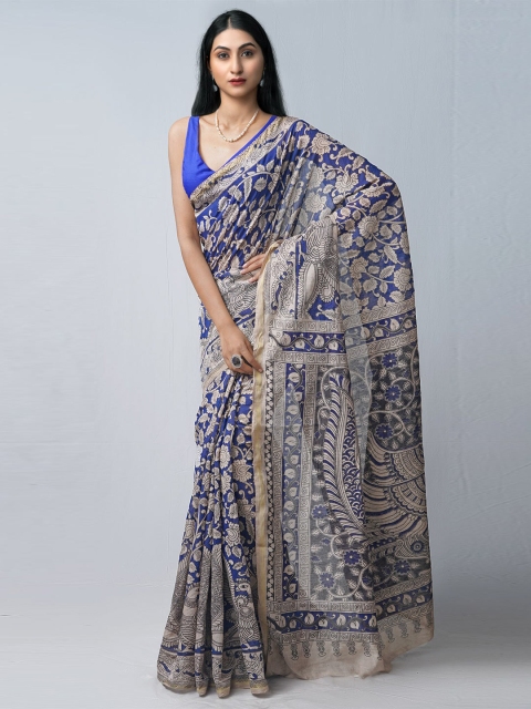 

Unnati Silks Blue & Cream-Coloured Kalamkari Silk Cotton Chanderi Saree