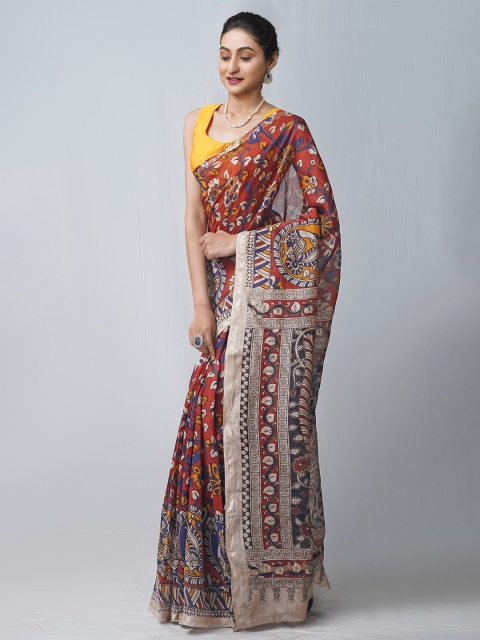 

Unnati Silks Red & Beige Kalamkari Silk Cotton Chanderi Saree