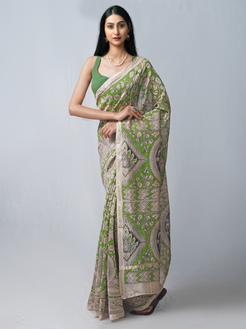 

Unnati Silks Green & Grey Kalamkari Silk Cotton Chanderi Saree