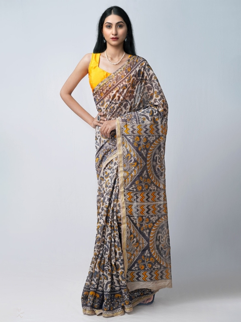 

Unnati Silks Grey & Mustard Yellow Kalamkari Silk Cotton Chanderi Saree