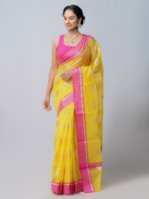 

Unnati Silks Yellow & Pink Woven Design Zari Silk Blend Banarasi Kota Saree