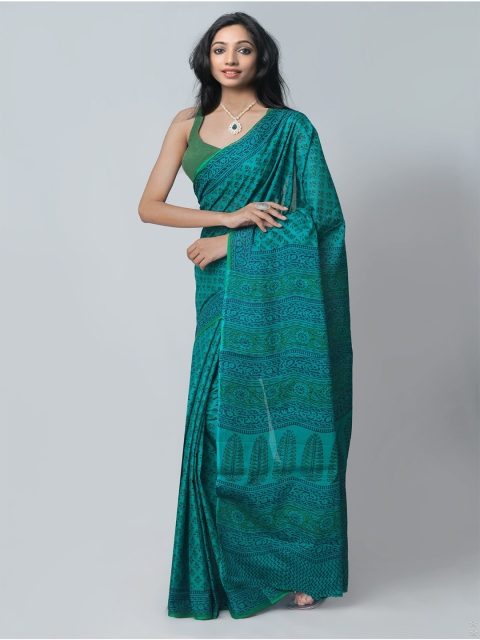 

Unnati Silks Green Floral Printed Mulmul Cotton Block Print Saree