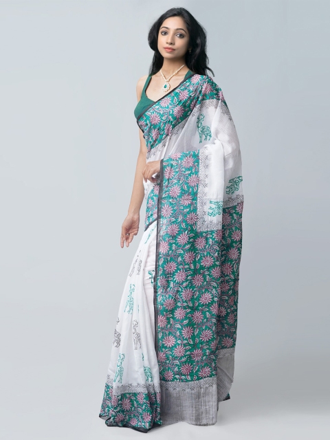 

Unnati Silks White & Green Motifs Handloom Sustainable Pure Cotton Block Print Saree