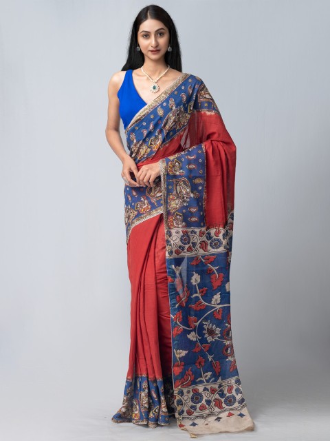 

Unnati Silks Red & Blue Kalamkari Pure Cotton Handloom Sustainable Kanjeevaram Saree