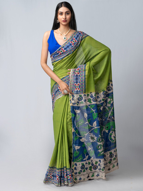 

Unnati Silks Green & Blue Kalamkari Pure Cotton Kanjeevaram Saree