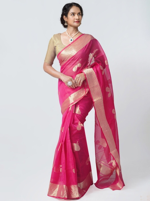 

Unnati Silks Pink & Gold-Toned Woven Design Zari Silk Blend Kota Saree