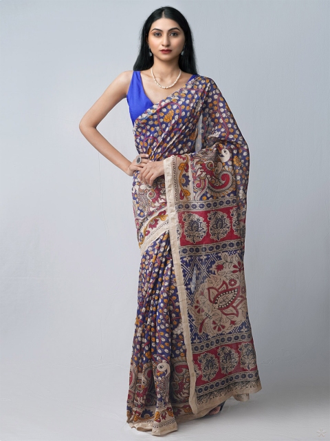 

Unnati Silks Blue & Red Kalamkari Silk Cotton Chanderi Saree