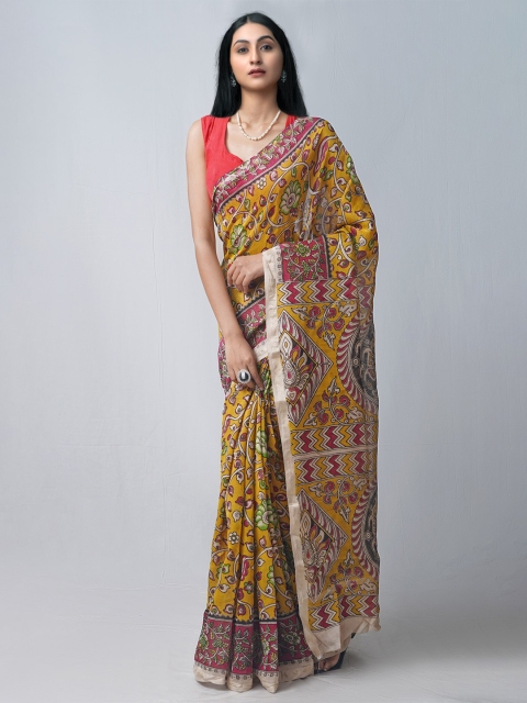 

Unnati Silks Yellow & Maroon Kalamkari Silk Cotton Chanderi Saree
