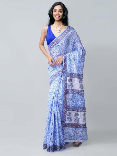 

Unnati Silks Blue & White Ethnic Motifs Pure Cotton Block Print Saree