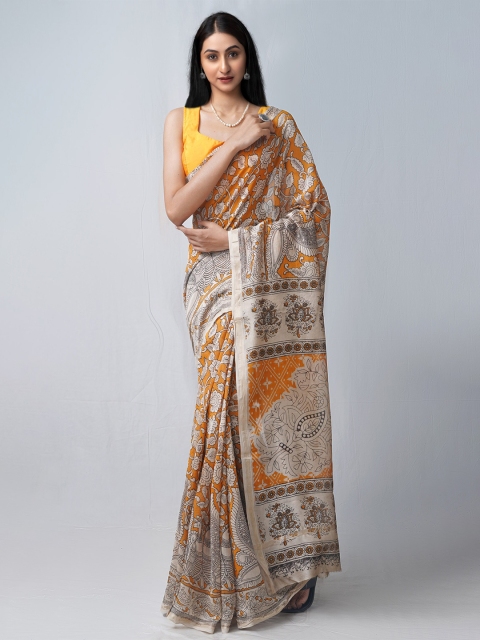 

Unnati Silks Orange & Silver-Toned Kalamkari Zari Silk Cotton Chanderi Saree