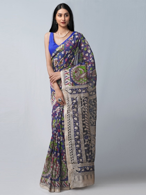 

Unnati Silks Blue & Silver-Toned Dyed Kalamkari Zari Silk Cotton Chanderi Saree