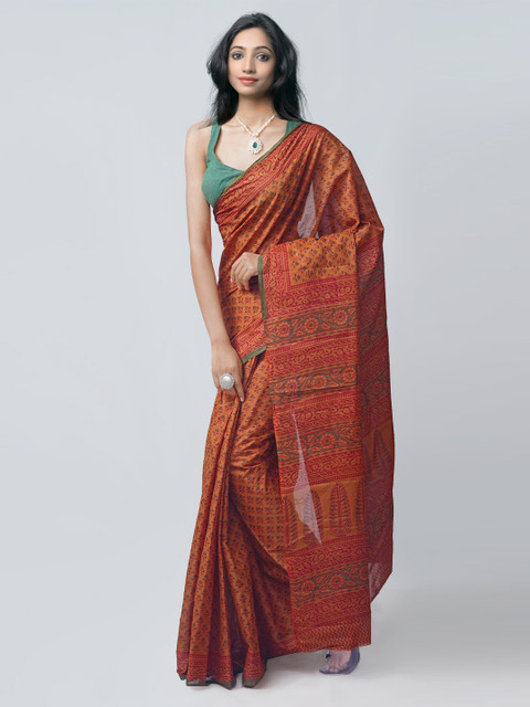 

Unnati Silks Brown & Red Floral Printed Pure Cotton Block Print Saree