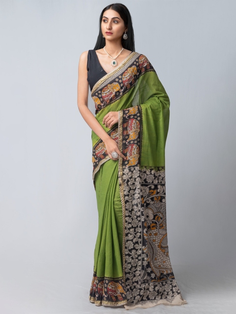 

Unnati Silks Green & White Kalamkari Pure Cotton Kanjeevaram Saree