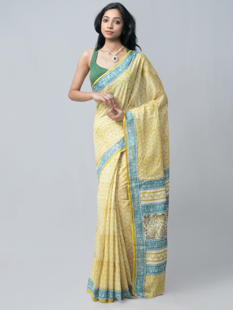 

Unnati Silks Yellow & Blue Ethnic Motifs Pure Cotton Block Print Saree