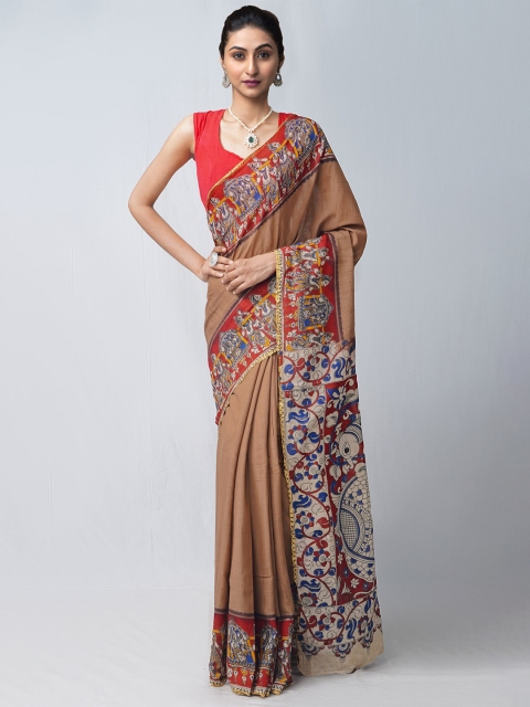 

Unnati Silks Brown & Red Kalamkari Pure Cotton Kanjeevaram Saree