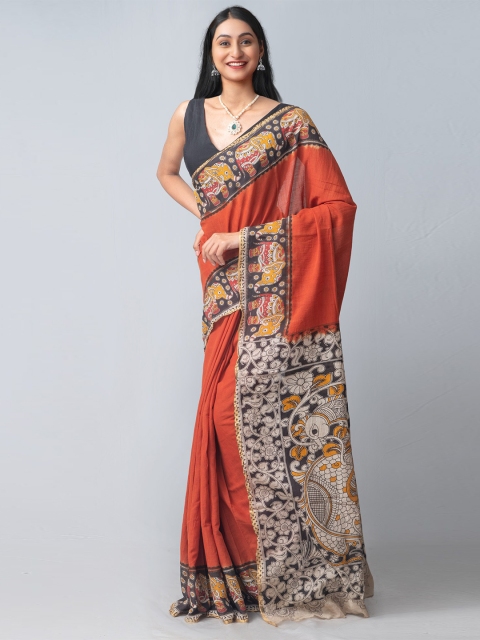 

Unnati Silks Red & White Kalamkari Pure Cotton Chanderi Saree
