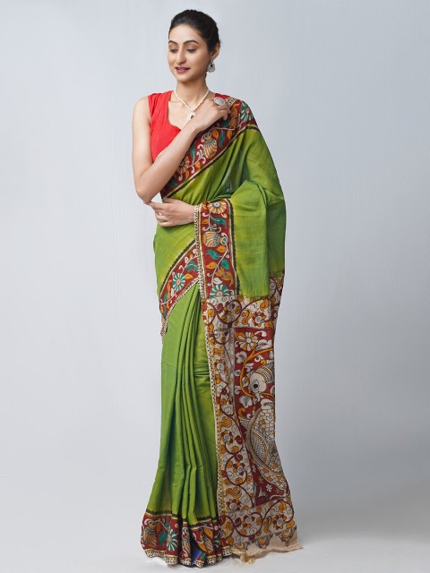 

Unnati Silks Green & Red Printed Kalamkari Pure Cotton Kanjeevaram Saree