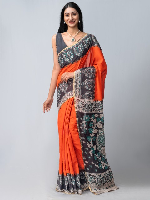 

Unnati Silks Orange & Black Kalamkari Pure Cotton Kanjeevaram Saree