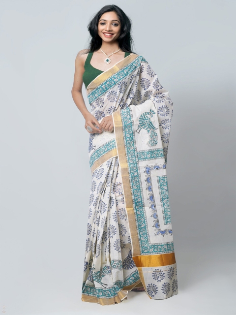 

Unnati Silks White & Green Ethnic Motifs Zari Pure Cotton Kasavu Saree